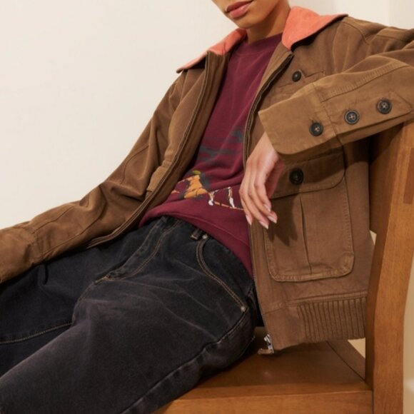 Free People Harley Utility Relaxed Slouchy Oversized Denim Bomber Jacket size L - Picture 4 of 9